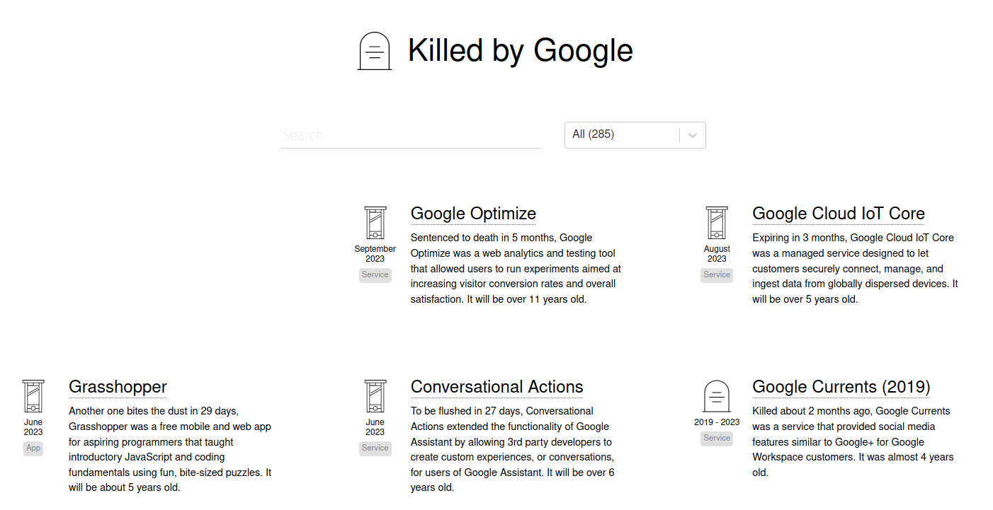 Homepage of KilledbyGoogle.com website