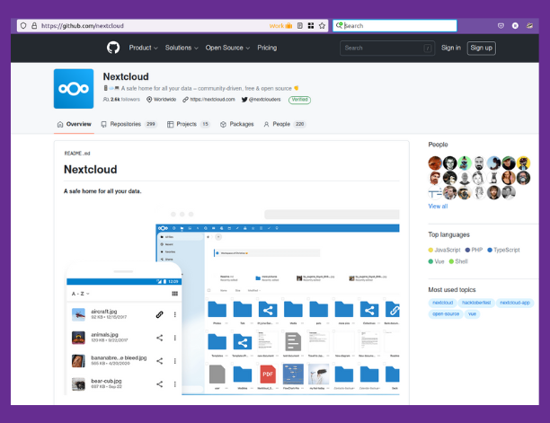 Screenshot of Nextcloud Github profile page