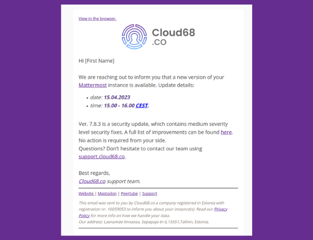 Screenshot of the notification Cloud68.co Subscribers recieve before software updates