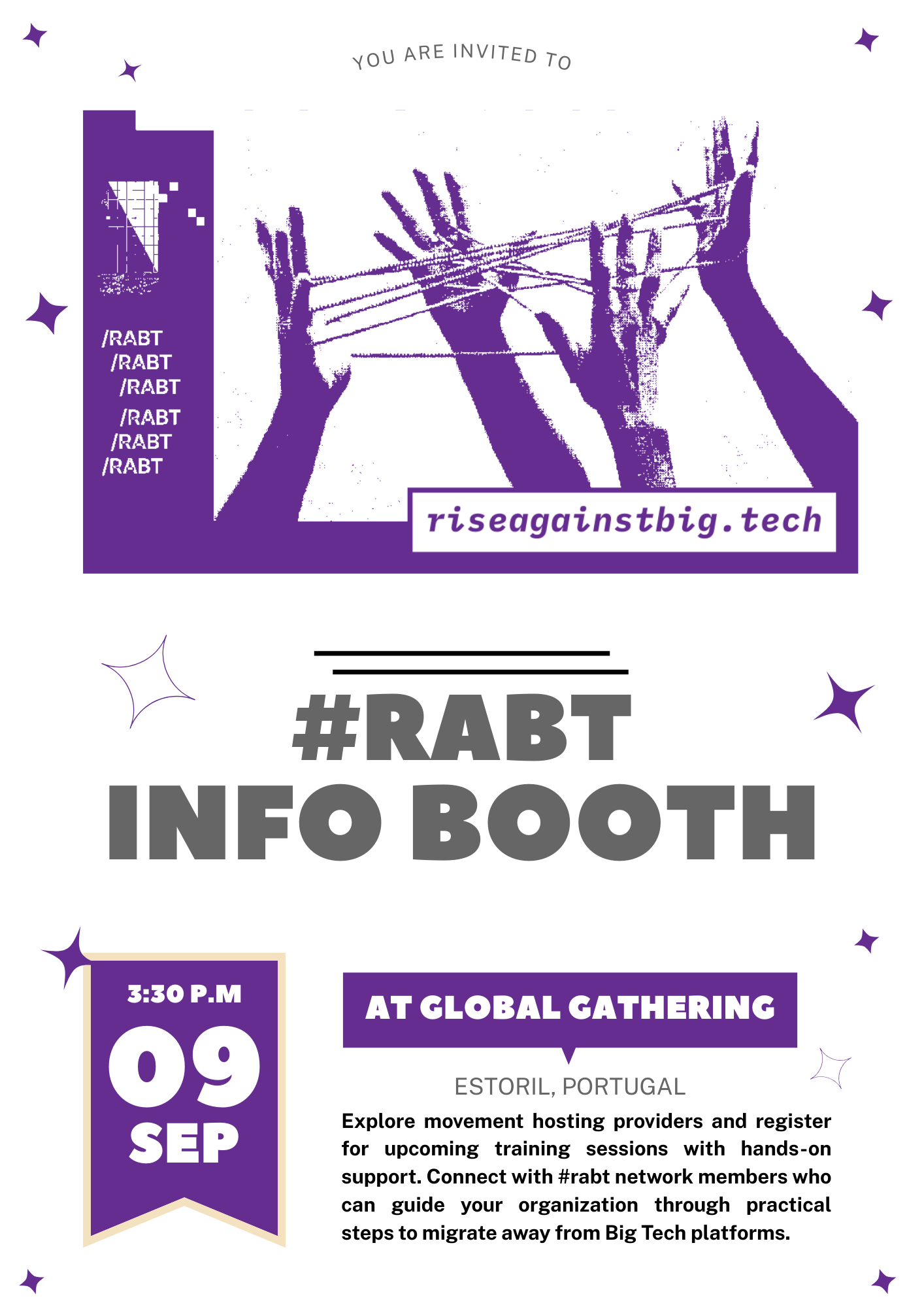 Poster for the promotion of the #rabt info booth at Golbal Gathering 2025